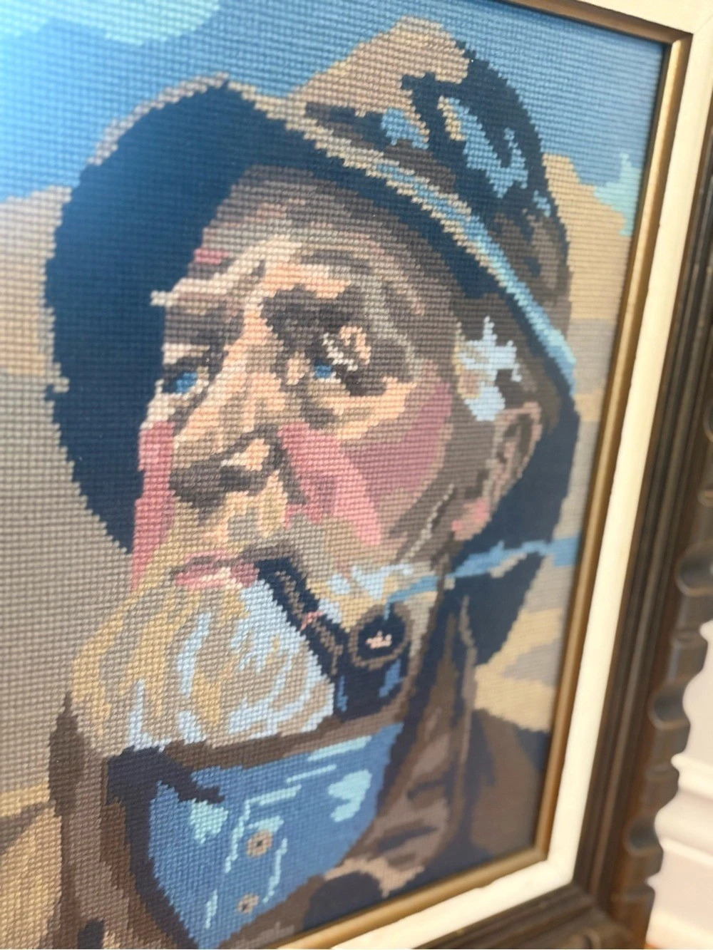 Vintage Needlepoint Fisherman Portrait - Picture 4 of 5